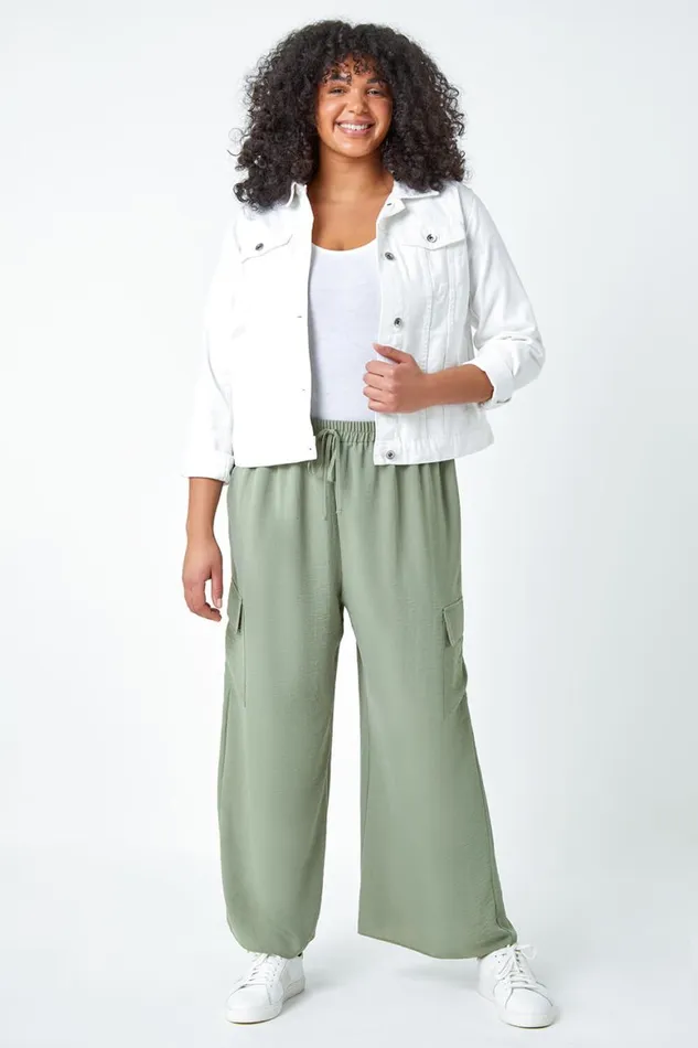Women Khaki Curve Linen Look Wide Leg Trousers Roman Trousers