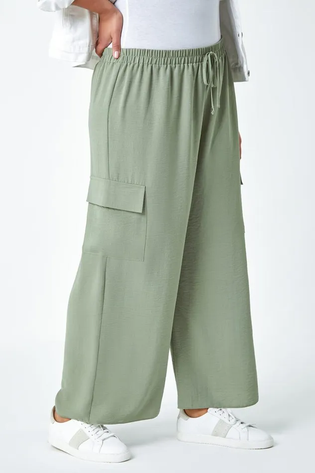 Women Khaki Curve Linen Look Wide Leg Trousers Roman Trousers