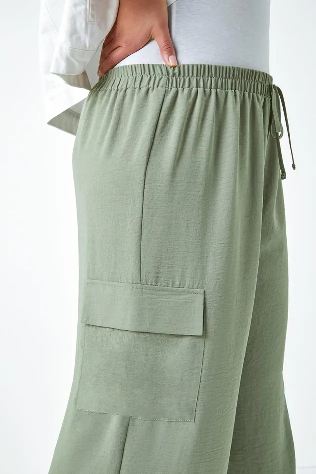 Women Khaki Curve Linen Look Wide Leg Trousers Roman Trousers