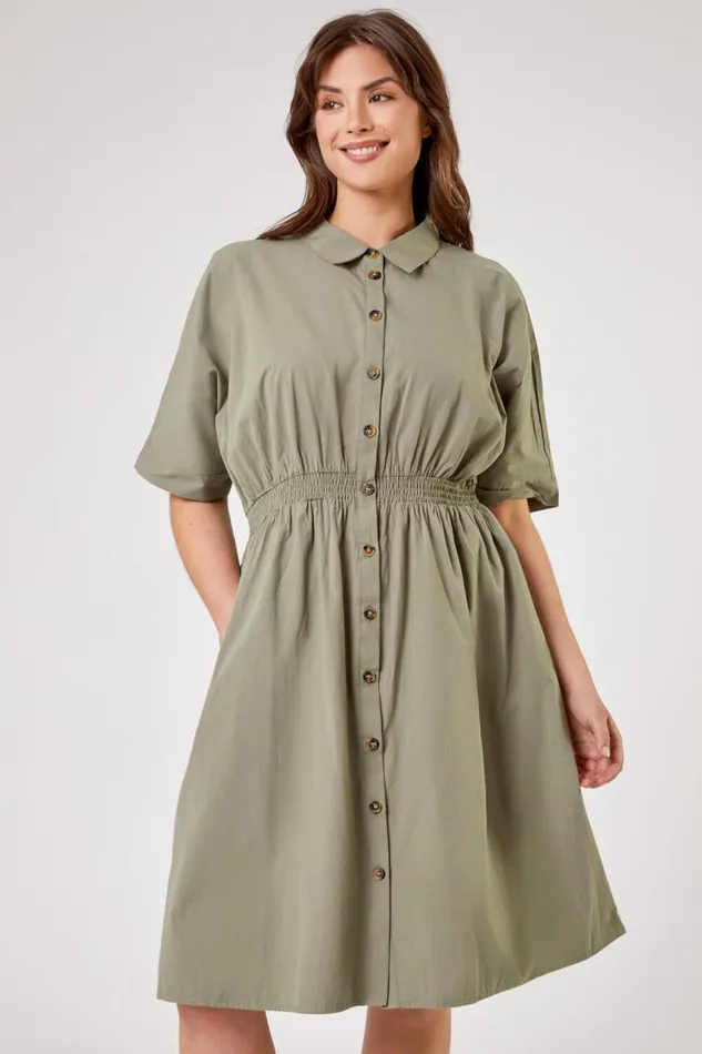 Women Khaki Curve Shirred Waist Shirt Dress Roman Dresses