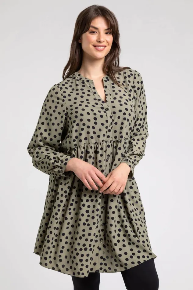 Women Khaki Curve Spot Print Button Through Tunic Top Roman Tops