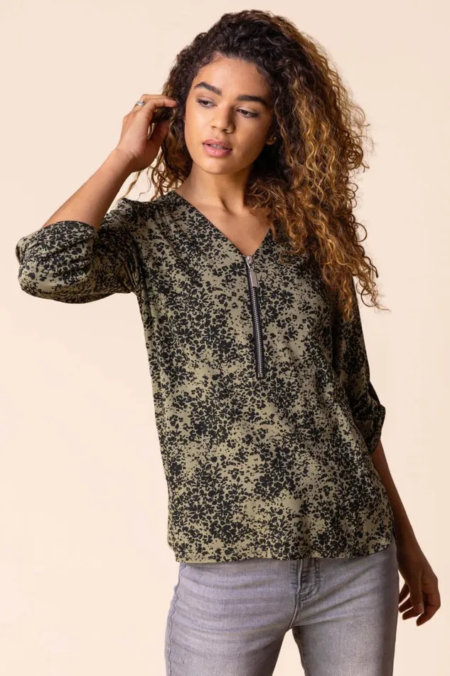 Women Khaki Ditsy Floral Print Zip Top Roman Tops