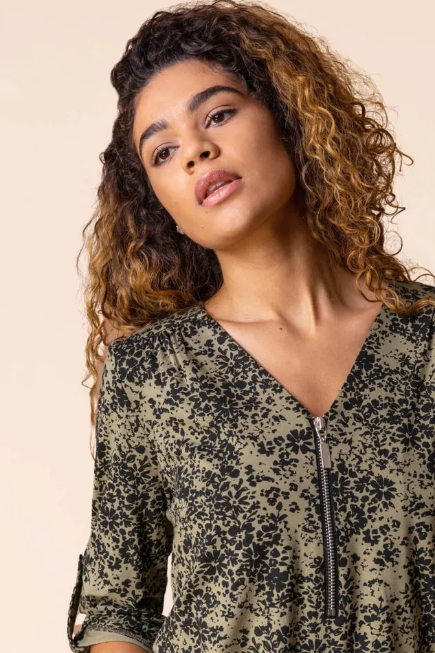 Women Khaki Ditsy Floral Print Zip Top Roman Tops