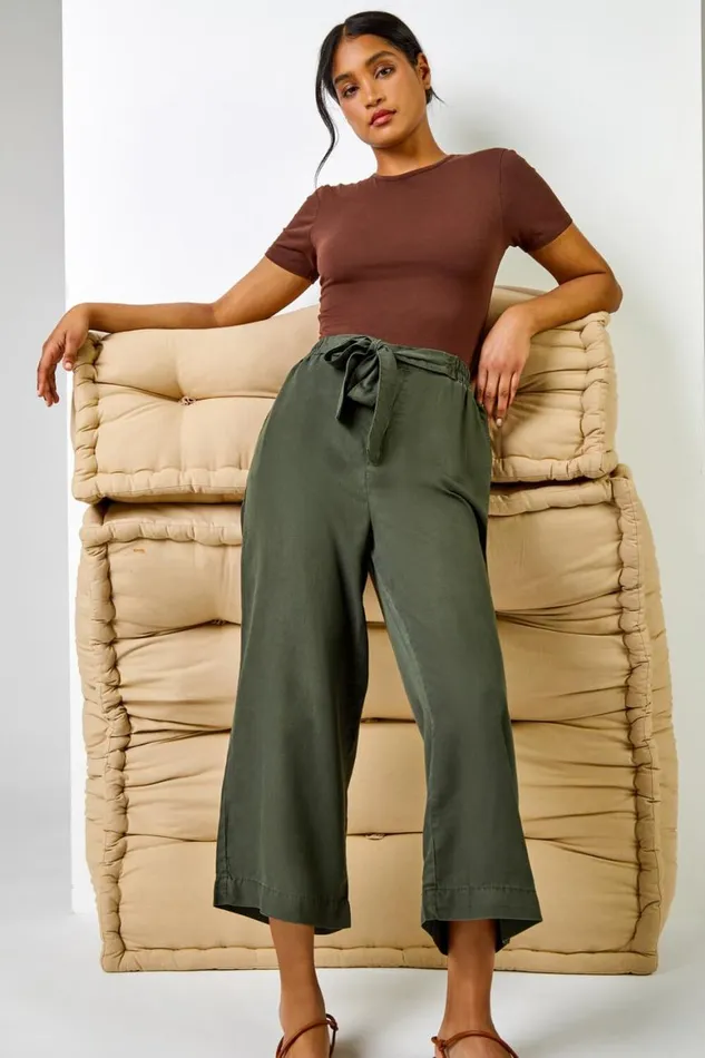 Women Khaki Elastic Tie Waist Cropped Culottes Roman Trousers