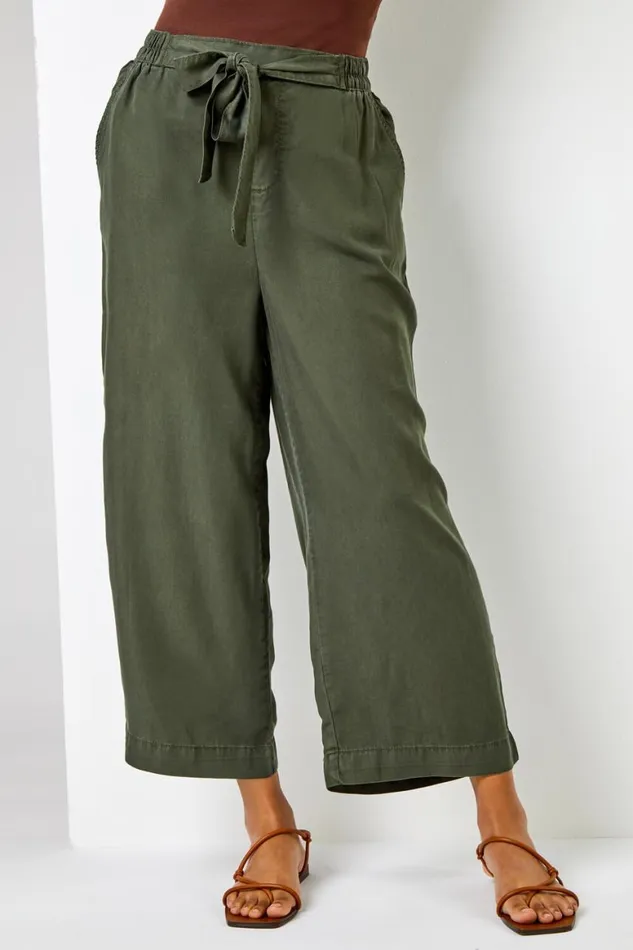Women Khaki Elastic Tie Waist Cropped Culottes Roman Trousers