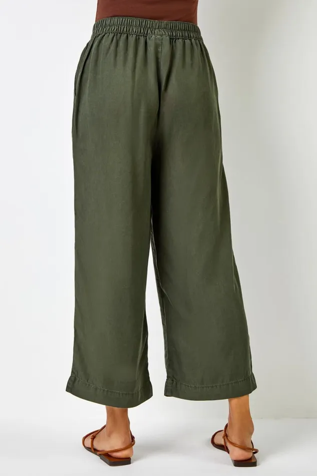 Women Khaki Elastic Tie Waist Cropped Culottes Roman Trousers