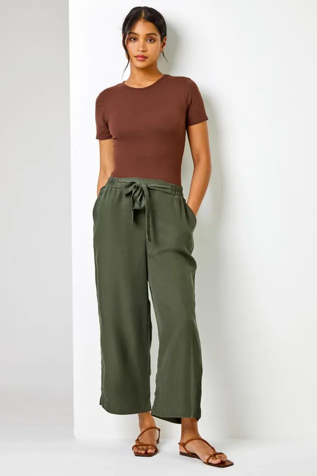 Women Khaki Elastic Tie Waist Cropped Culottes Roman Trousers