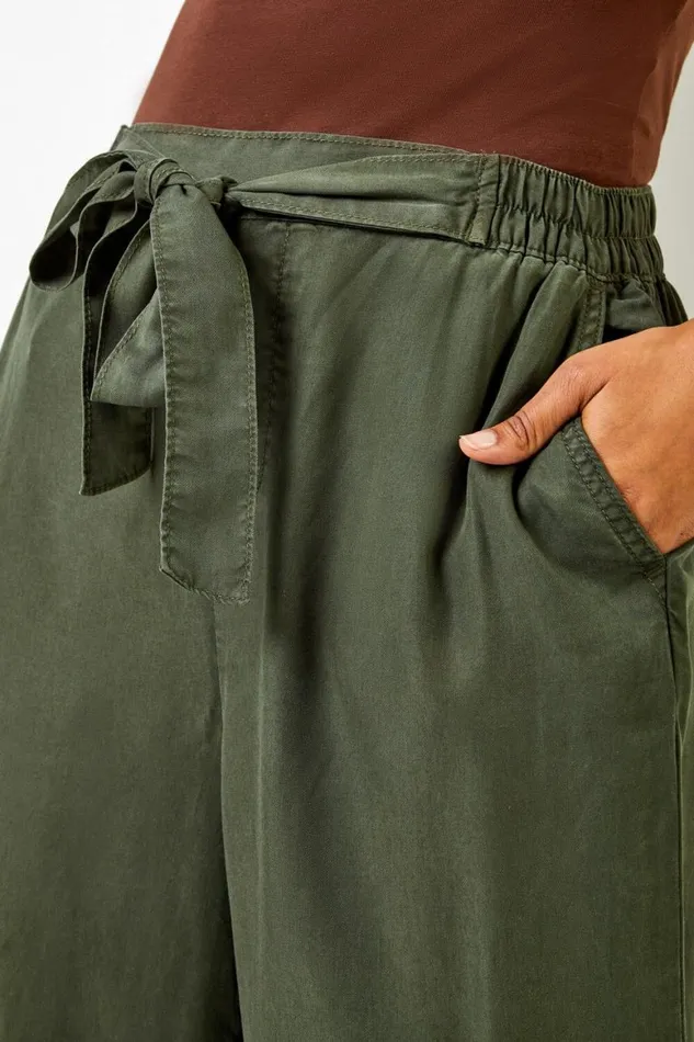 Women Khaki Elastic Tie Waist Cropped Culottes Roman Trousers