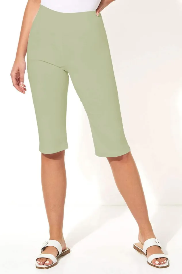 Women Khaki Elastic Waist Knee Length Stretch Shorts Roman Coords