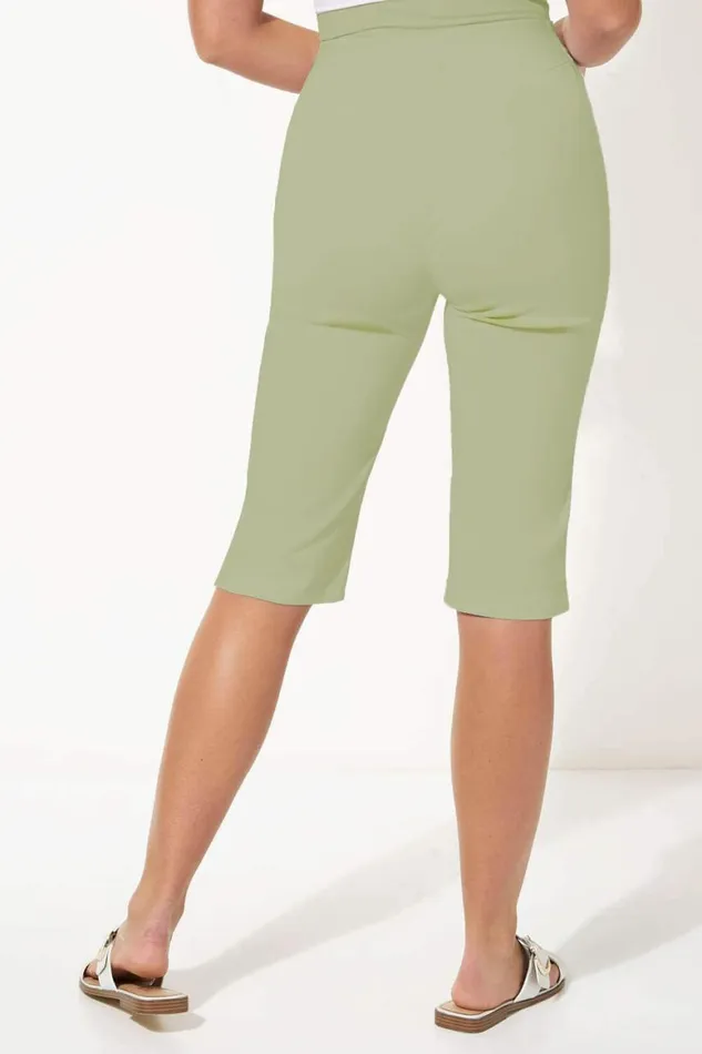 Women Khaki Elastic Waist Knee Length Stretch Shorts Roman Coords
