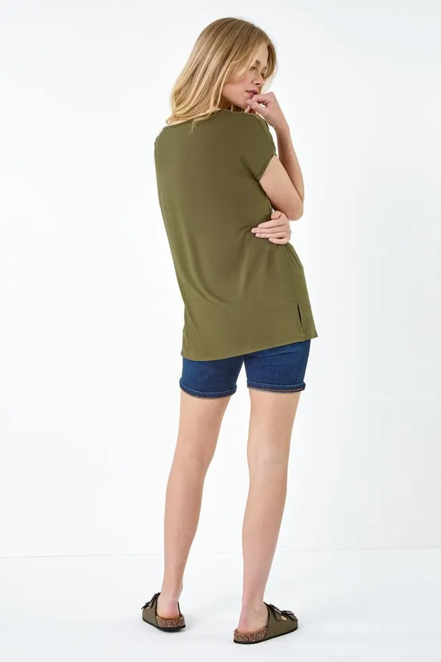 Women Khaki Foil Print Stretch Jersey TShirt Roman Tops