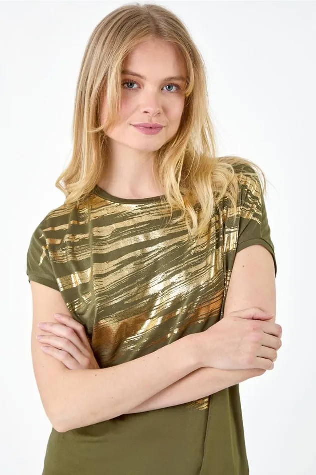 Women Khaki Foil Print Stretch Jersey TShirt Roman Tops