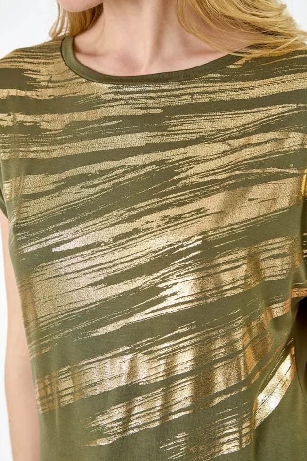 Women Khaki Foil Print Stretch Jersey TShirt Roman Tops