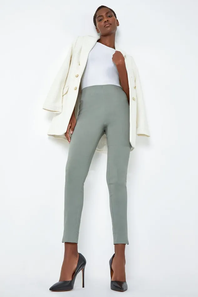 Women Khaki Full Length Elastic Waist Stretch Trousers Roman Trousers
