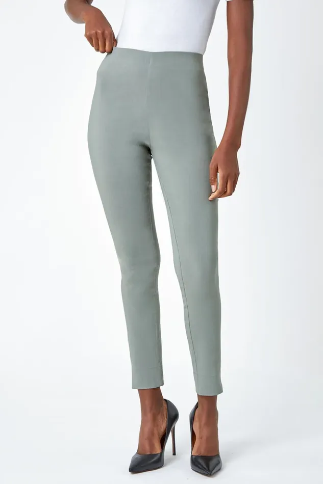Women Khaki Full Length Elastic Waist Stretch Trousers Roman Trousers