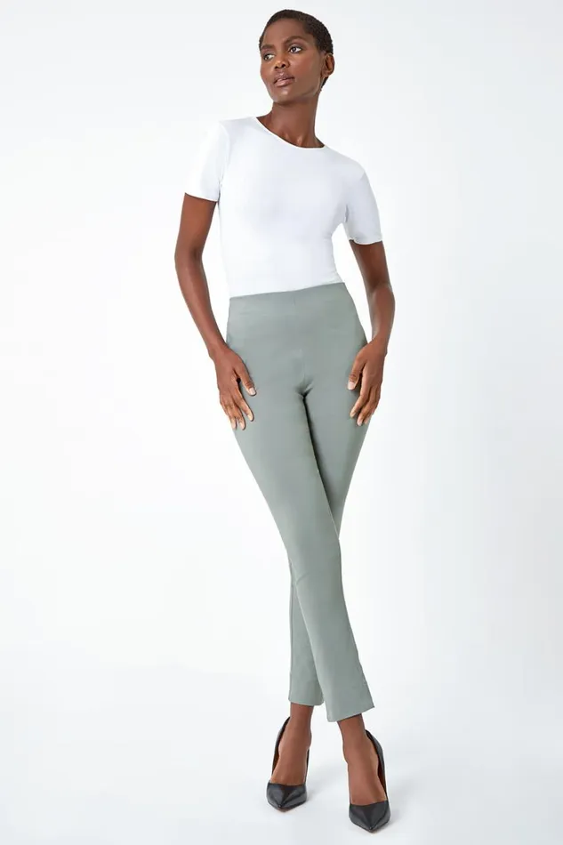 Women Khaki Full Length Elastic Waist Stretch Trousers Roman Trousers