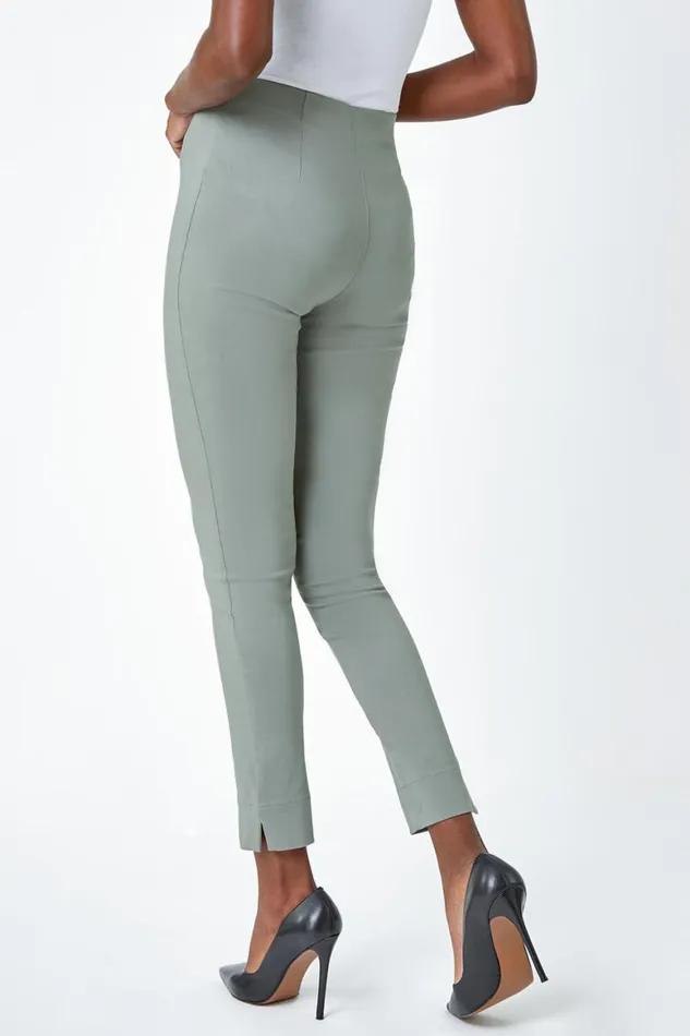Women Khaki Full Length Elastic Waist Stretch Trousers Roman Trousers