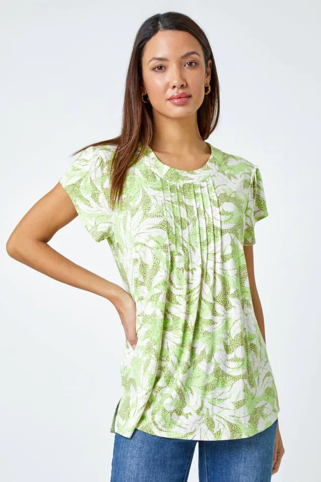 Women Khaki Leaf Print Pleated Stretch Top Roman Tops