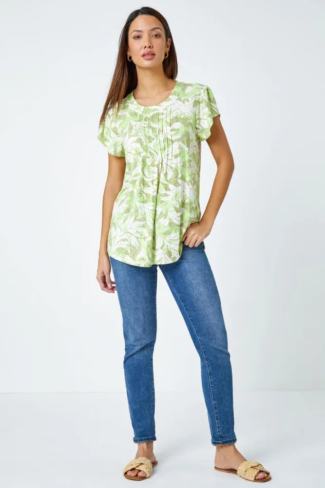 Women Khaki Leaf Print Pleated Stretch Top Roman Tops