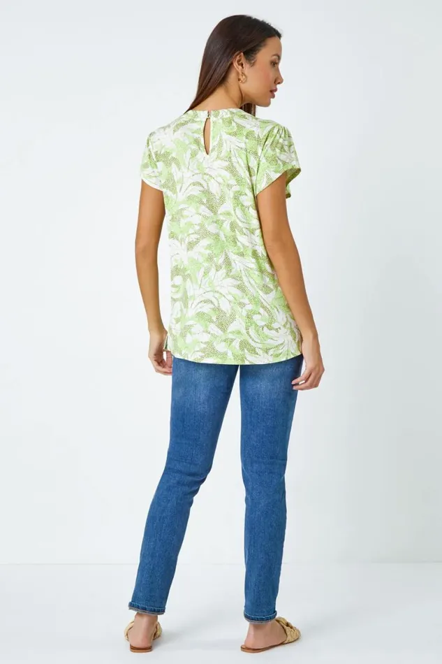 Women Khaki Leaf Print Pleated Stretch Top Roman Tops