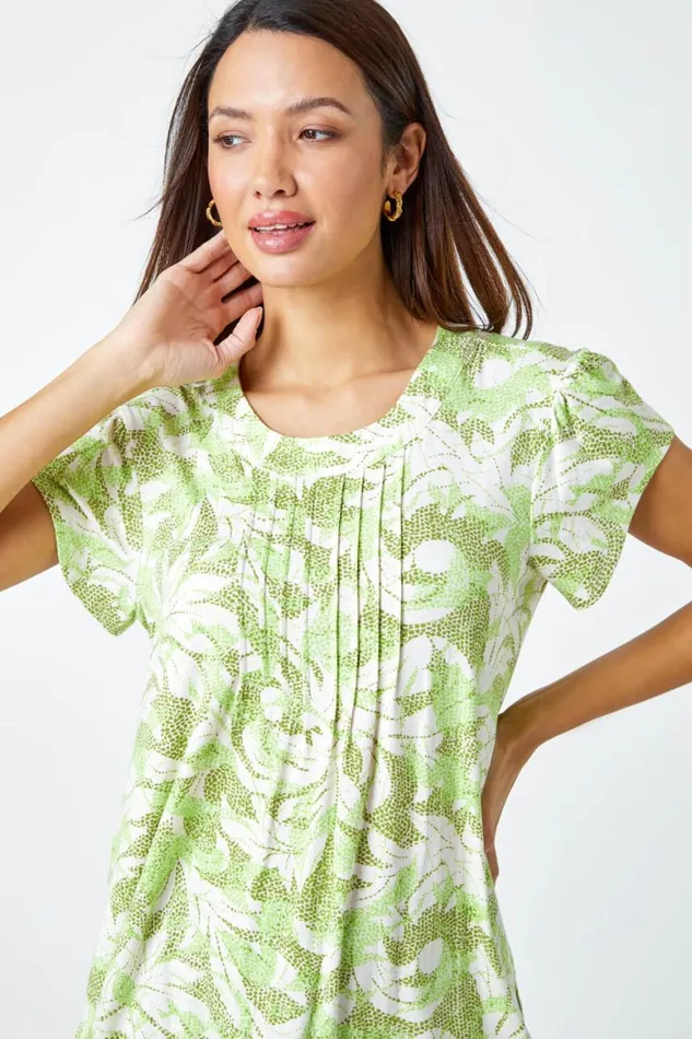 Women Khaki Leaf Print Pleated Stretch Top Roman Tops