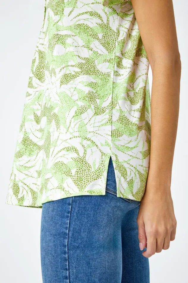 Women Khaki Leaf Print Pleated Stretch Top Roman Tops