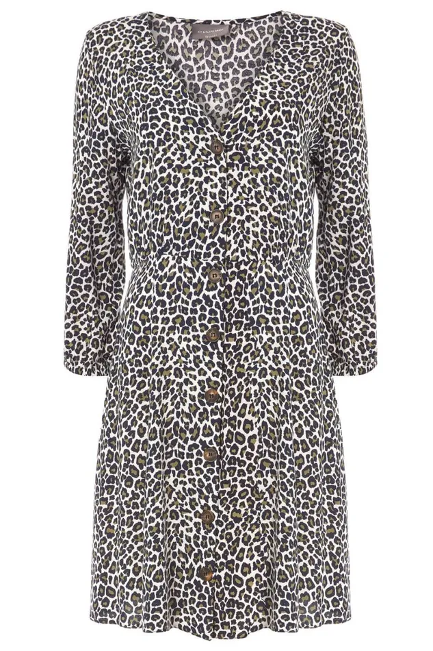 Women Khaki Leopard Print Button Through Skater Dress Roman Dresses