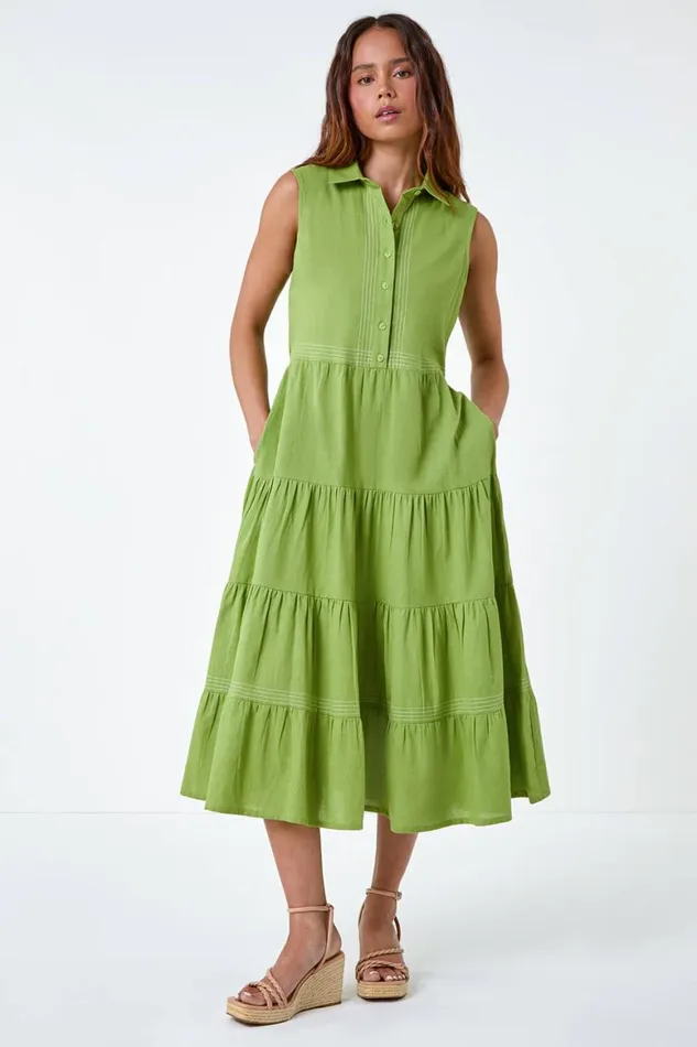 Women Khaki Petite Cotton Pocket Tiered Midi Dress Roman Dresses