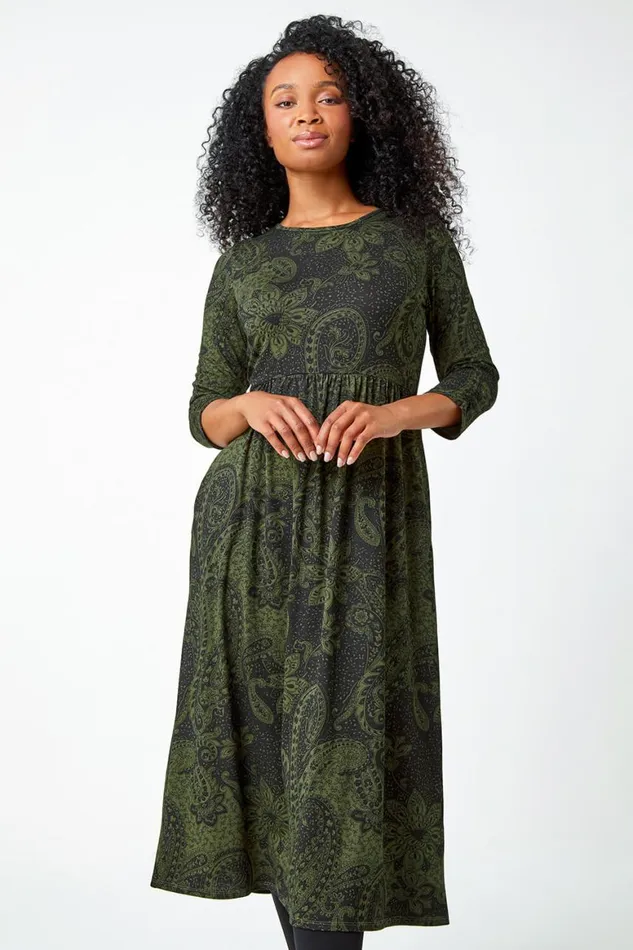 Women Khaki Petite Paisley Print Ruched Midi Dress Roman Dresses