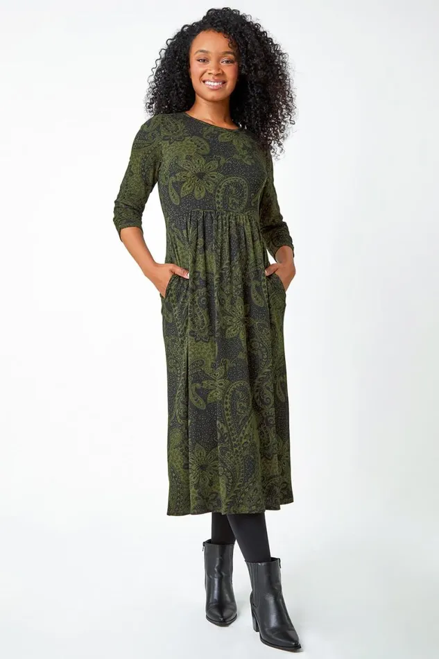 Women Khaki Petite Paisley Print Ruched Midi Dress Roman Dresses