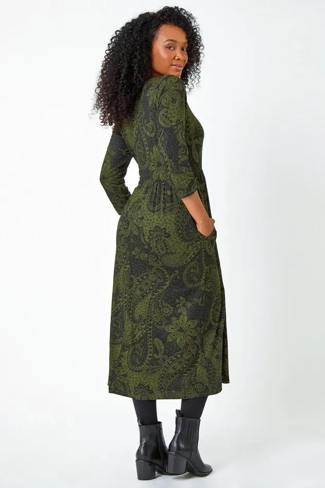 Women Khaki Petite Paisley Print Ruched Midi Dress Roman Dresses