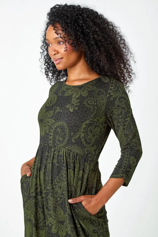 Women Khaki Petite Paisley Print Ruched Midi Dress Roman Dresses