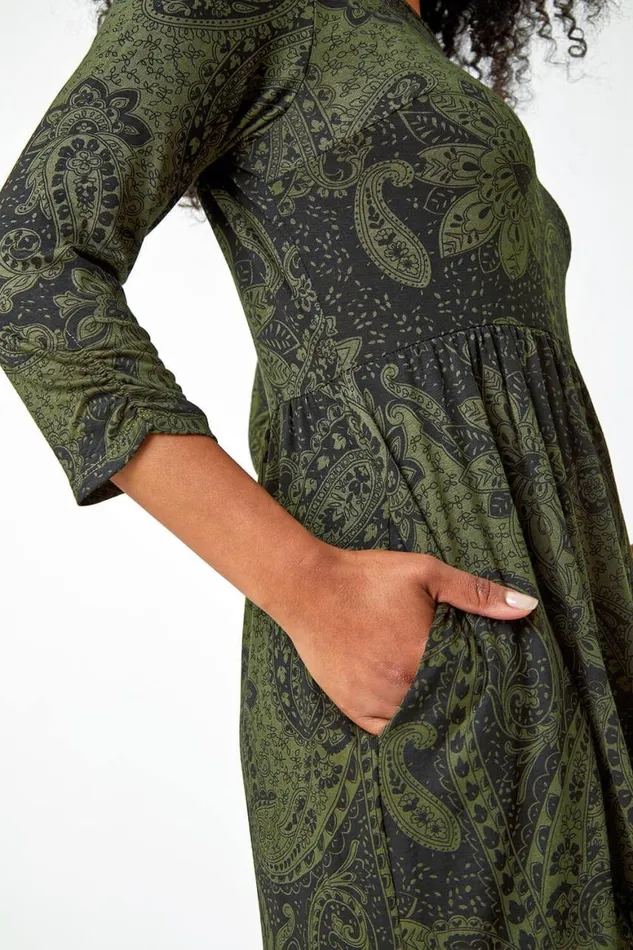 Women Khaki Petite Paisley Print Ruched Midi Dress Roman Dresses