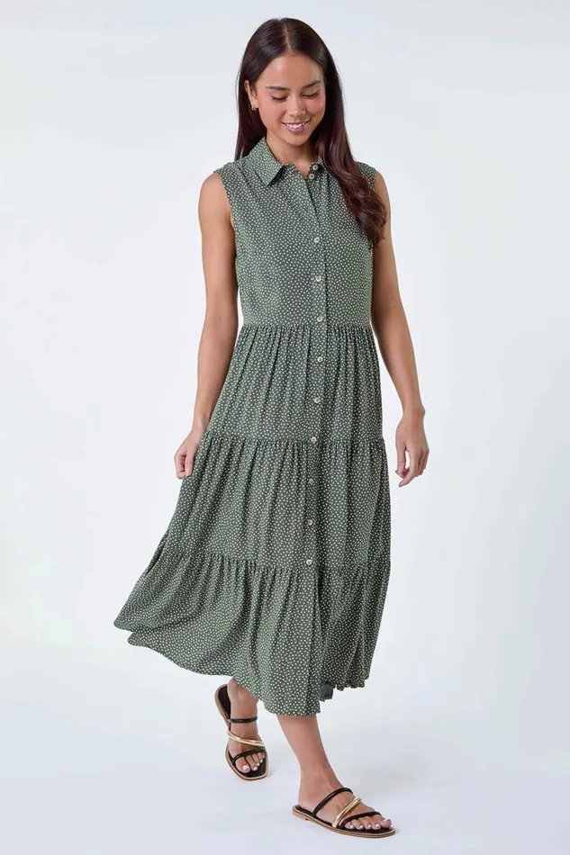 Women Khaki Petite Polka Dot Midi Shirt Dress Roman Dresses