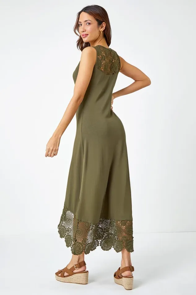 Women Khaki Sleeveless Crochet Hem Midi Dress Roman Dresses