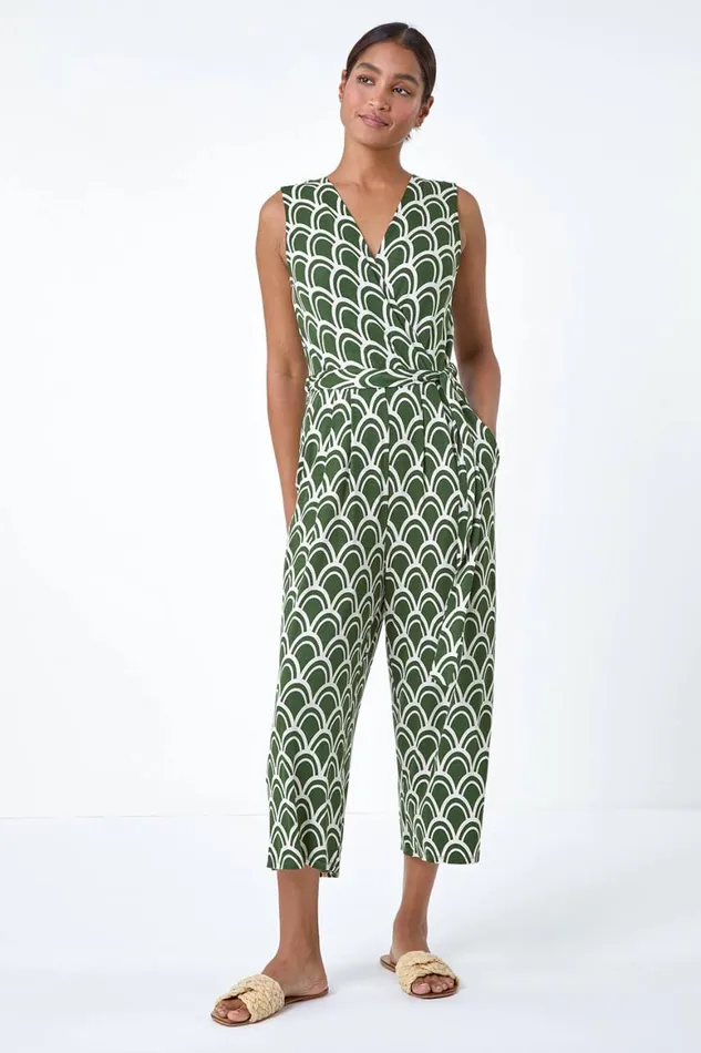Women Khaki Sleeveless Shell Print Stretch Jumpsuit Roman Dresses