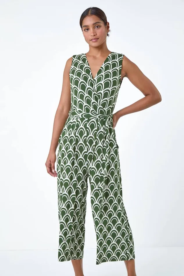 Women Khaki Sleeveless Shell Print Stretch Jumpsuit Roman Dresses