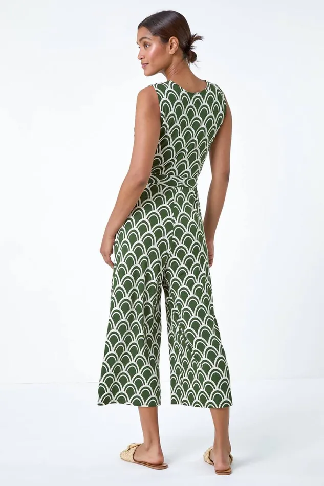Women Khaki Sleeveless Shell Print Stretch Jumpsuit Roman Dresses