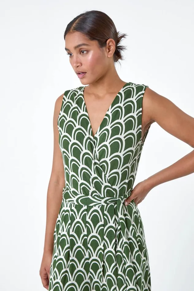Women Khaki Sleeveless Shell Print Stretch Jumpsuit Roman Dresses