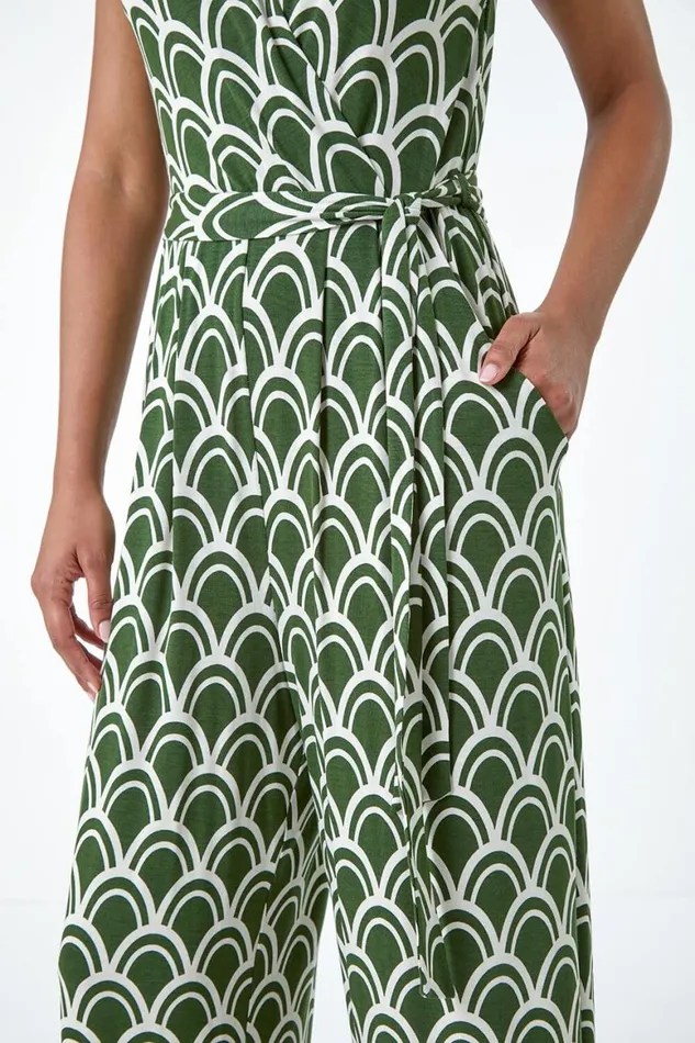Women Khaki Sleeveless Shell Print Stretch Jumpsuit Roman Dresses