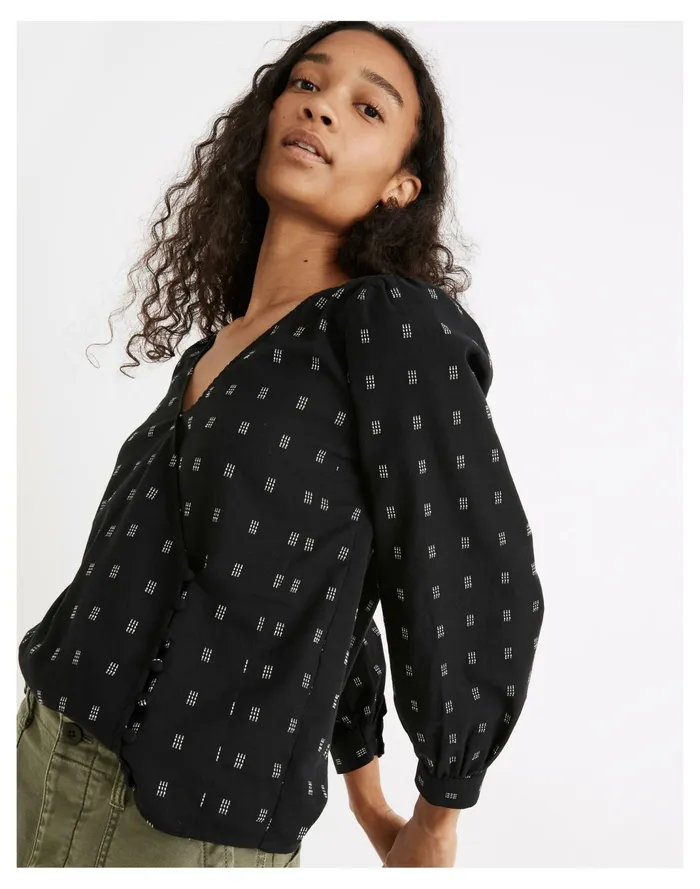 Women Kinston Side Button Wrap Top In Textured Dobby True Black Madewell Tops and Shirts
