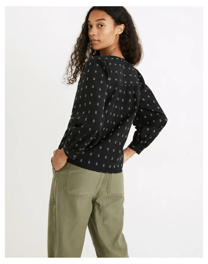 Women Kinston Side Button Wrap Top In Textured Dobby True Black Madewell Tops and Shirts