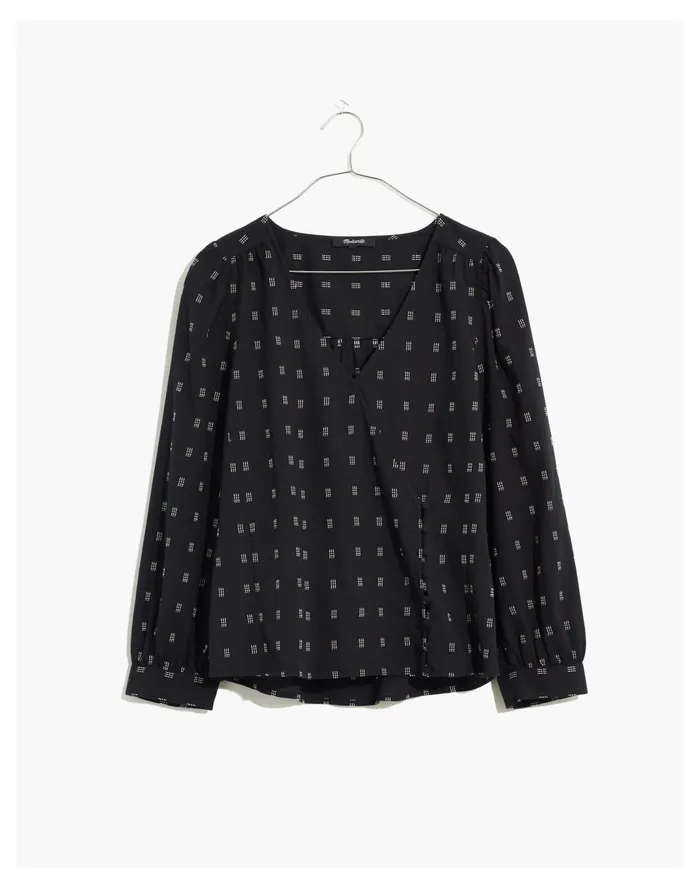 Women Kinston Side Button Wrap Top In Textured Dobby True Black Madewell Tops and Shirts