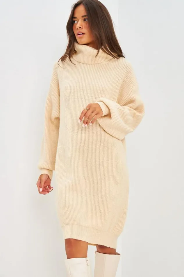 Women Knitted Roll Neck Jumper Dress In Beige Beige Brentiny Paris Short Dresses