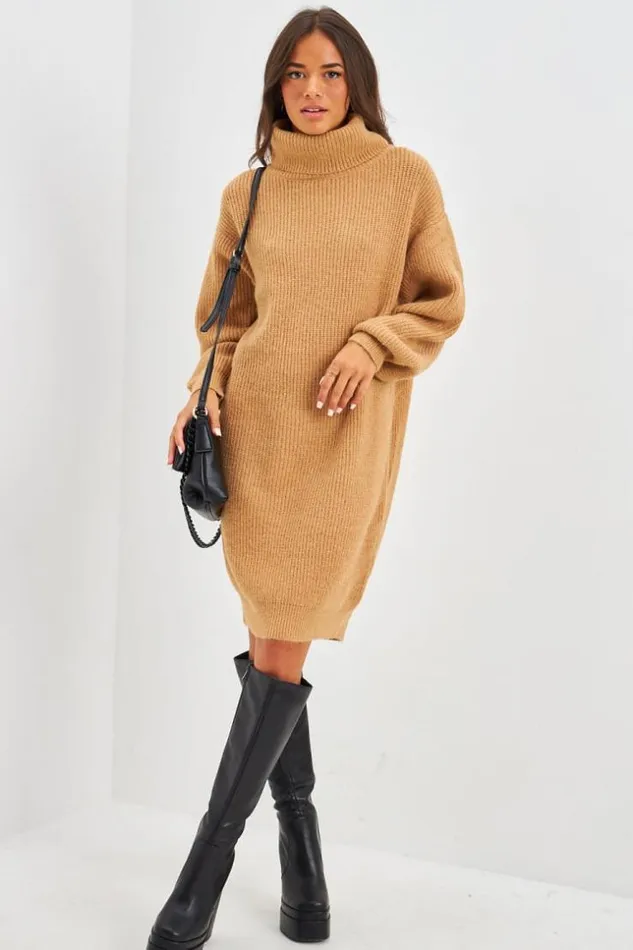 Women Knitted Turtleneck Mini Jumper Dress In Camel Camel Brentiny Paris Sweaters and Sweatshirts Women Knitted Turtleneck Mini Jumper Dress In Camel Camel Brentiny Paris Sweaters and Sweatshirts