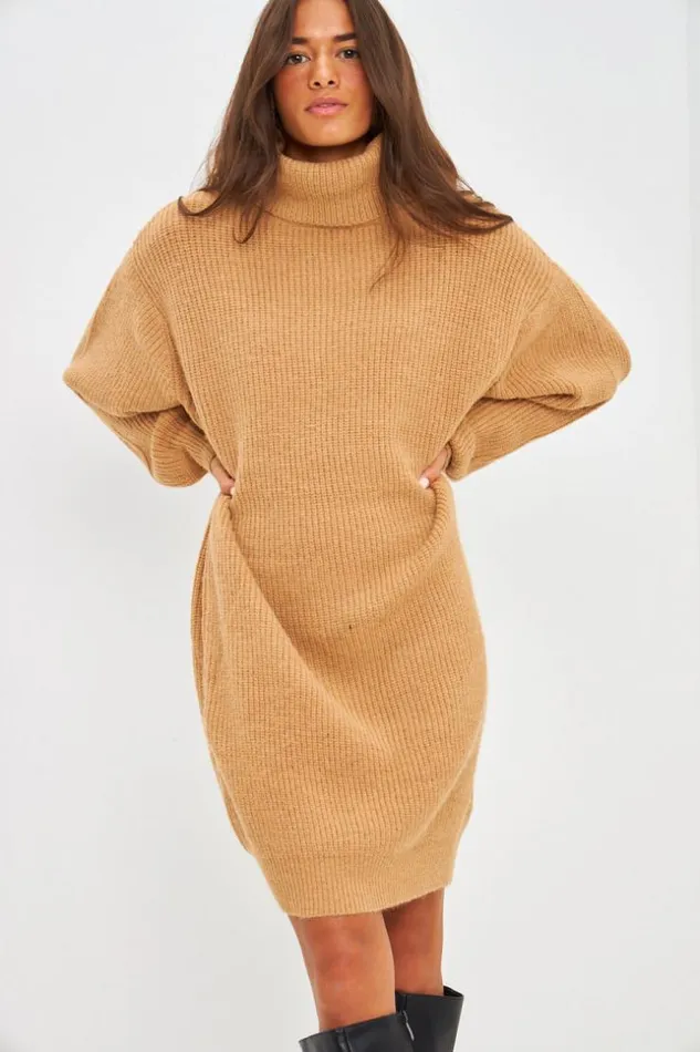Women Knitted Turtleneck Mini Jumper Dress In Camel Camel Brentiny Paris Sweaters and Sweatshirts