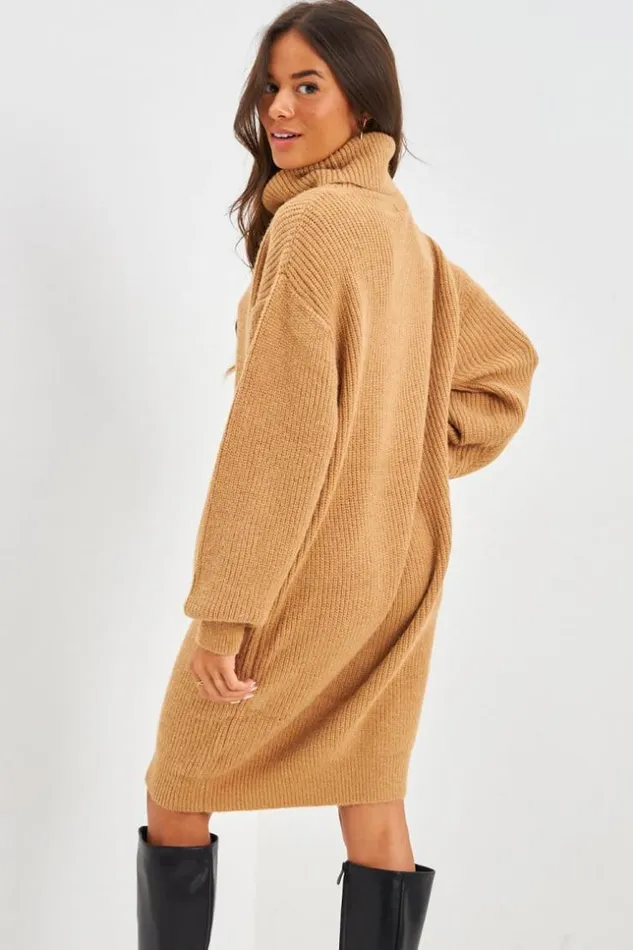 Women Knitted Turtleneck Mini Jumper Dress In Camel Camel Brentiny Paris Sweaters and Sweatshirts
