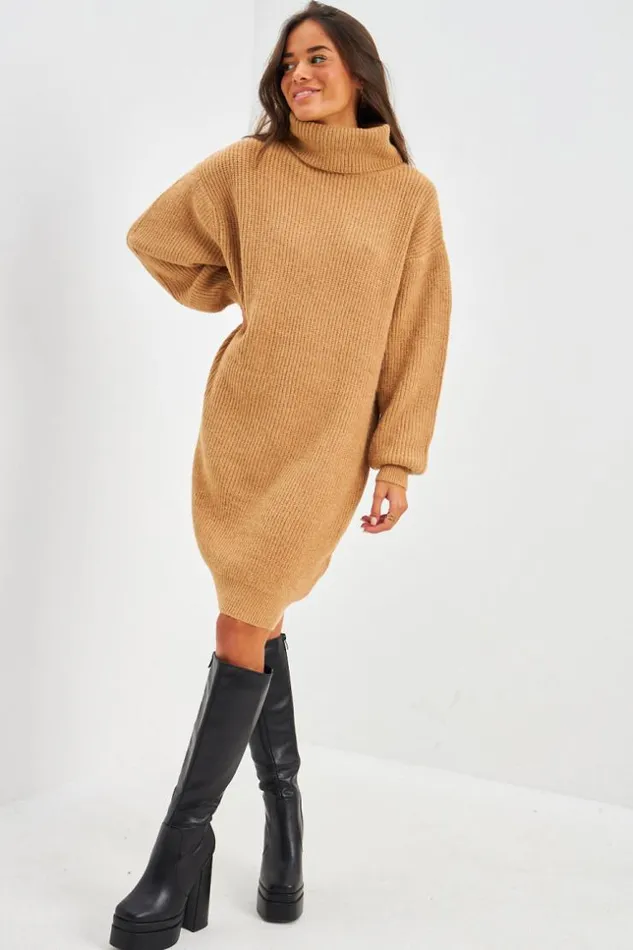 Women Knitted Turtleneck Mini Jumper Dress In Camel Camel Brentiny Paris Sweaters and Sweatshirts