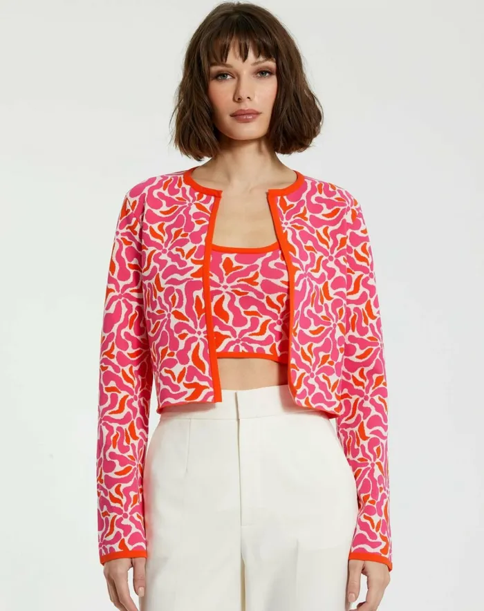 Women Knitwear Mac Duggal Long Sleeve Knit Floral Cardigan 8211 FINAL SALE Sunset Multi