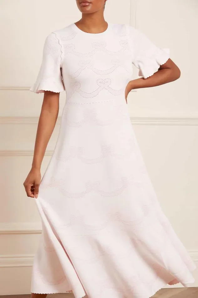 Women Knitwear Needle and Thread Ribbon Bow Knit Ankle Gown White